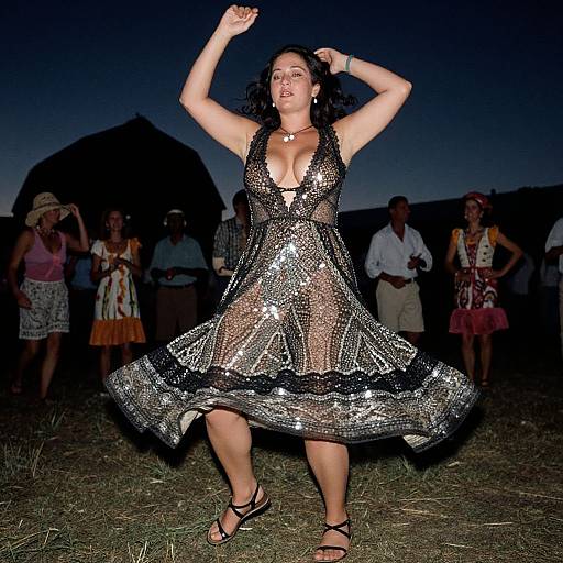 Photograph of a curvy woman in a sparkling black sequin dress, dancing at night, surrounded by people in colorful attire.