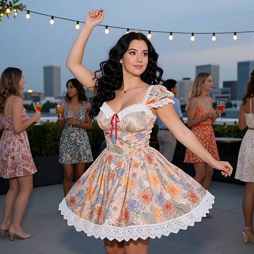 Photograph of a curvy woman with long black hair in a floral, lace-trimmed, vintage dress, dancing on a rooftop at twilight,