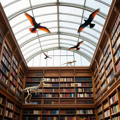 Photograph of a grand, sunlit library with high arched windows, wooden shelves filled with books, and a large skeleton display, with four birds