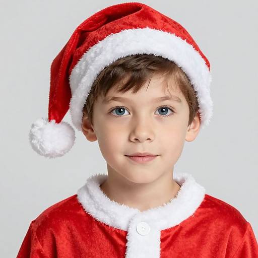 Photograph of a young boy with blue eyes, wearing a red Santa hat with white trim, and a red Santa outfit with white fur, against a