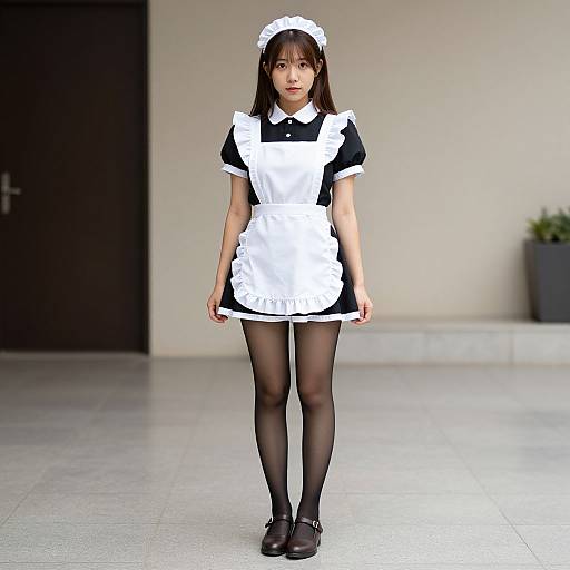 Photograph of an East Asian woman in a black and white French maid outfit, black stockings, and black shoes, standing indoors with a neutral background.