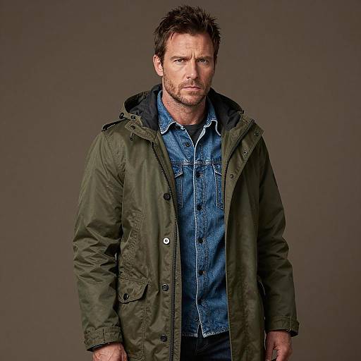 Rugged Man in Olive Green Parka and Denim Shirt