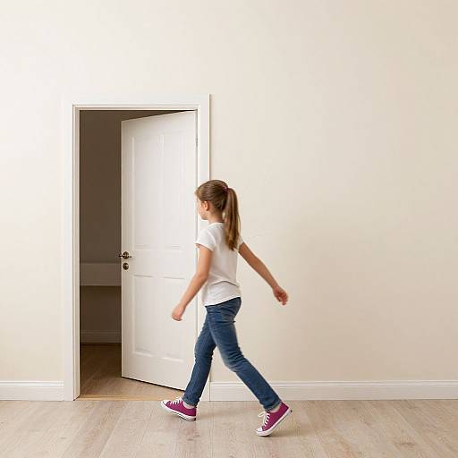 Photograph of a young girl with brown ponytail, white t-shirt, blue jeans, and pink sneakers, walking through an open white door into a