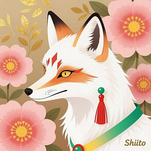 Tribal White Fox Surrounded by Flowers