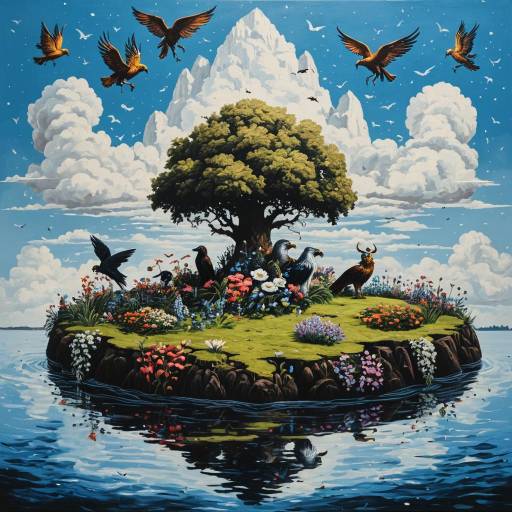 Floating Island with Griffins and Floral Border