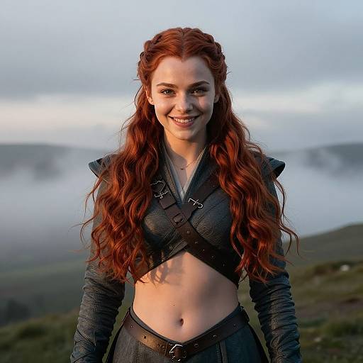 Photograph of a smiling red-haired woman with long wavy hair, wearing a dark, medieval-style crop top and pants, standing outdoors against a mist
