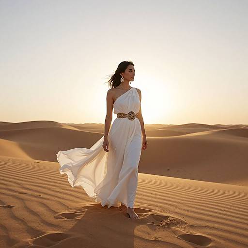 Photograph of a woman in a flowing white one-shoulder dress with a gold belt, standing in a sunlit desert, sand dunes in