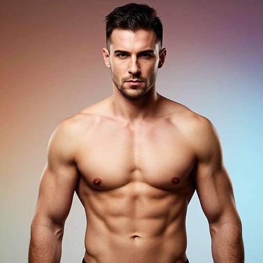 Photograph of a muscular, shirtless man with short dark hair and stubble, standing against a gradient background of purple to blue. He has defined