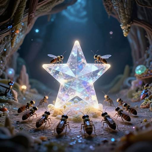 Photograph of glowing star-shaped light surrounded by illuminated, detailed miniature insects in a dark, cave-like setting with twinkling blue lights.