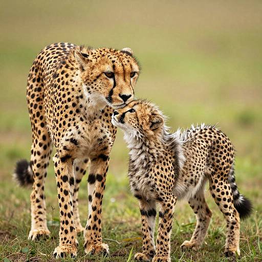 Photograph of a mother cheetah and her cub standing on grassy savanna, touching noses affectionately. Bright sunlight highlights their golden-spotted