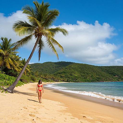 Photograph of a woman in a red bikini walking on a sunny, sandy beach with tall palm trees, clear blue sky, and green hills in the