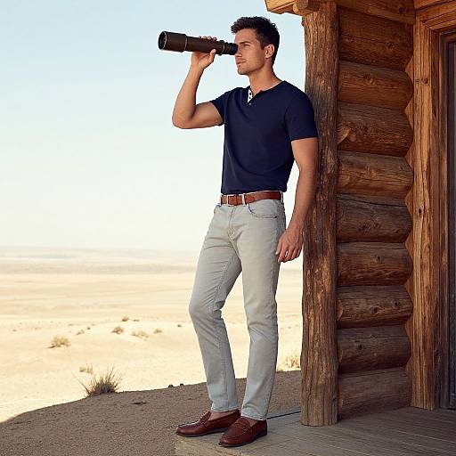 Photograph of a handsome man with short dark hair, wearing a black polo, white jeans, and brown shoes, looking through binoculars, leaning