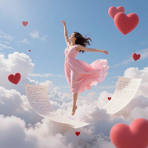 Photograph of a joyful woman in a flowing pink dress, floating mid-air among red hearts and musical sheets, against a bright blue sky with fluffy clouds