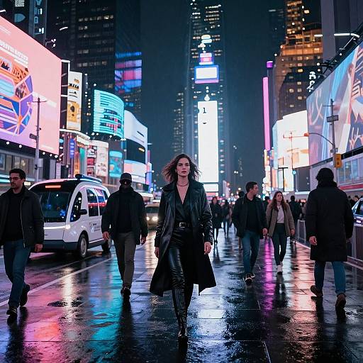 Nighttime photograph of a confident woman in a black leather coat walking through a vibrant, rain-soaked New York City street, surrounded by bright neon bill