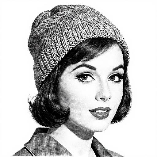 Black-and-white digital illustration of a 1940s-style woman with short, wavy hair, wearing a textured knit beanie and collared coat
