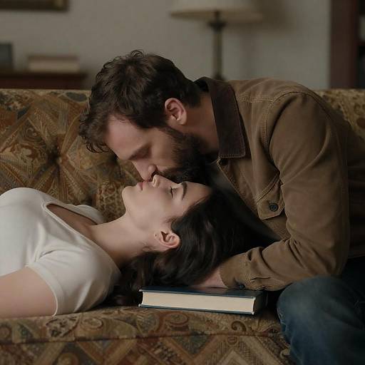 Quiet Forehead Kiss on Patterned Couch