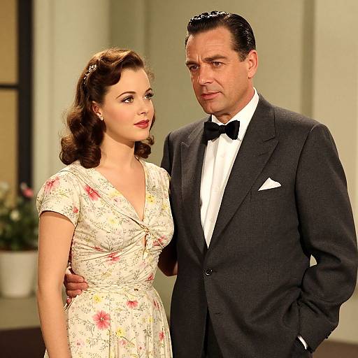 Photograph of a 1940s-style couple: a woman with curled brown hair in a floral dress, and a man in a black tux