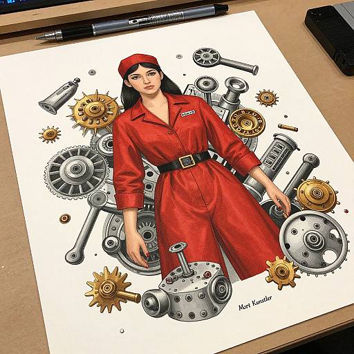 Digital drawing of a dark-haired woman in a red jumpsuit and cap, surrounded by mechanical gears and parts, artist's signature 