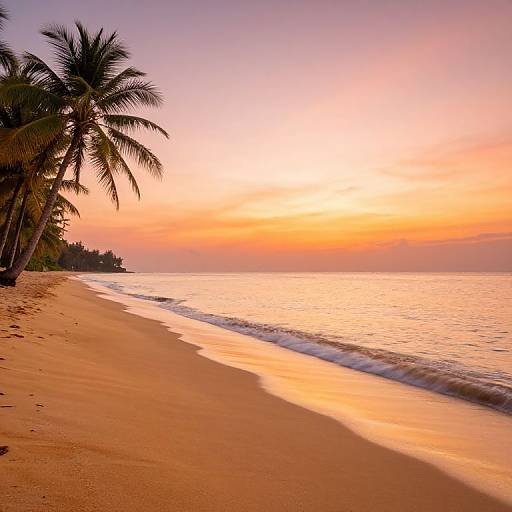 Photograph of a serene tropical beach at sunset, with golden sand, gentle waves, palm trees on the left, and a vibrant orange-pink-purple