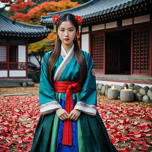 Young Woman in Traditional Korean Hanbok with Autumn Leaves