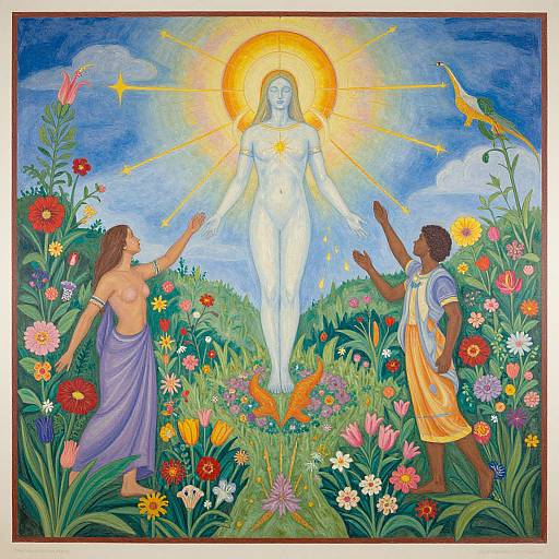 Vibrant illustration of a radiant, haloed Jesus surrounded by flowers, two diverse figures reaching up, with a bird in the blue sky.