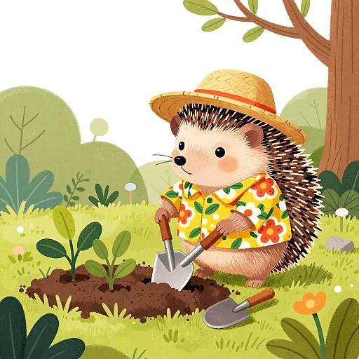 Festive Hedgehog Gardening Illustration