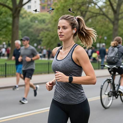 Photograph of a fit, young woman with light brown hair in a ponytail, wearing a gray tank top and black leggings, running outdoors in a