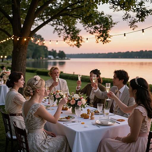 Photograph of six elegantly dressed wedding guests toasting at sunset by a lake, with string lights and floral centerpieces on a white-clothed