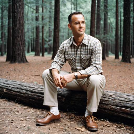 Man Sitting on Log in Forest Wearing 1980s Style Casual Clothes