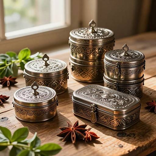 Photograph of ornate, silver, intricately patterned metal containers with lids, arranged on a wooden surface, surrounded by green leaves and star an