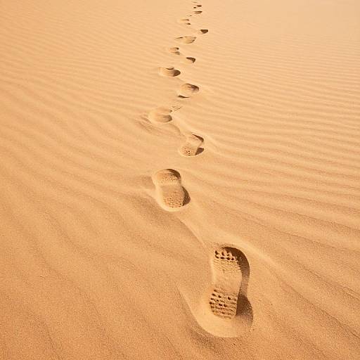 Photograph of a single footstep trail ascending diagonally across rippled, golden sand dunes under bright sunlight, casting subtle shadows.