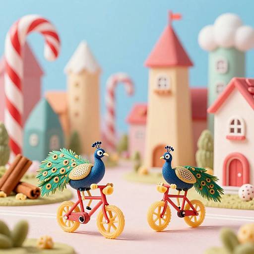 Photograph of two colorful, toy peacocks with yellow wheels and green tails, riding on red bicycles in a whimsical, candy-themed village with