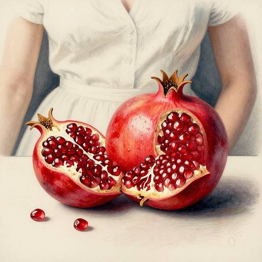 Photorealistic digital art: Two halved pomegranates with vibrant red seeds, one whole, on a white table, in front of a