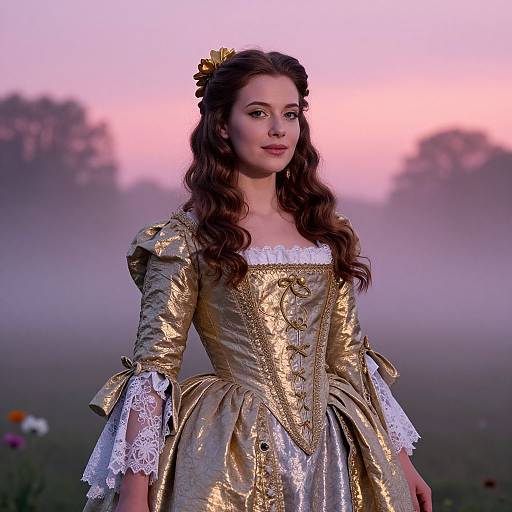 Photograph of a fair-skinned woman with wavy brown hair, wearing a gold Renaissance-style dress with white lace, standing against a misty,