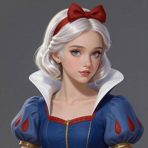 Digital artwork of a fair-skinned, blue-eyed Snow White with white bob hair, red bow, blue dress with white collar, and puffed sleeves