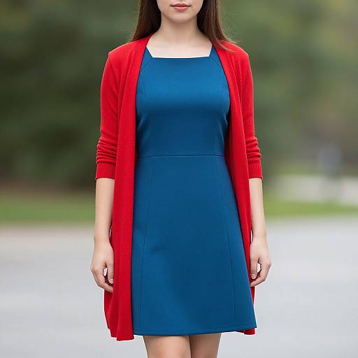 Photograph of a young woman with long brown hair, wearing a blue dress and red cardigan, standing outdoors with a blurred green background.