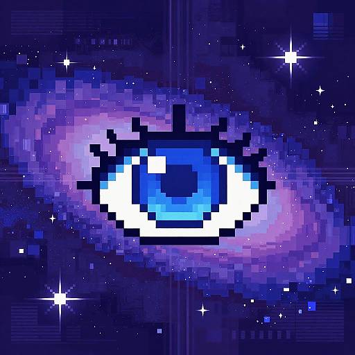 Digital pixel art of a blue and white pixelated eye centered in a colorful, star-studded galaxy with shades of purple and blue.