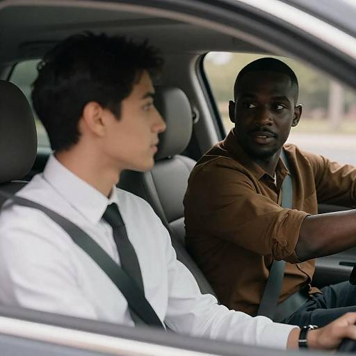 Photograph of a young Asian man in a white shirt and black tie, and an African-American man in a brown shirt, driving a car. The