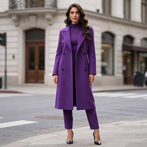 Photograph of a confident woman with long dark hair, wearing a vibrant purple coat and pants, black high heels, standing in a city street with historic