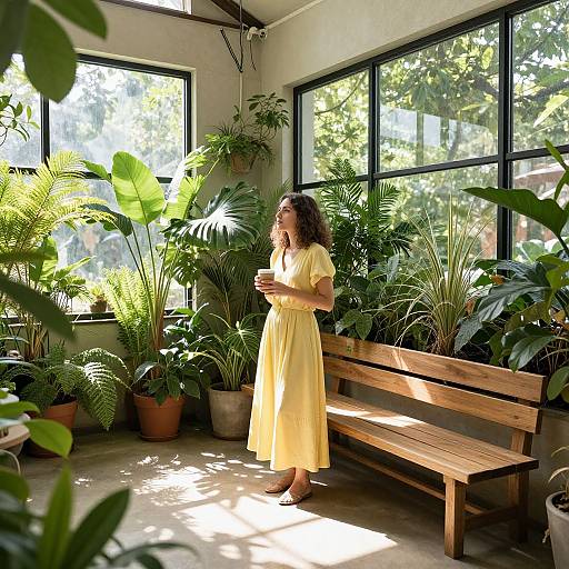 Photograph of a curly-haired woman in a yellow dress standing in a sunlit greenhouse, surrounded by lush green plants, holding a cup, near a