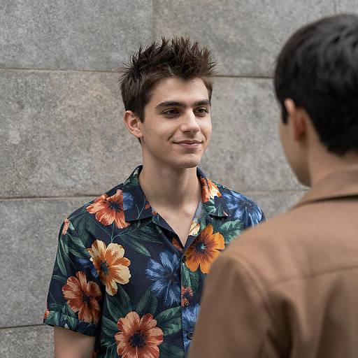 Young Man in Floral Shirt Talking Outdoors