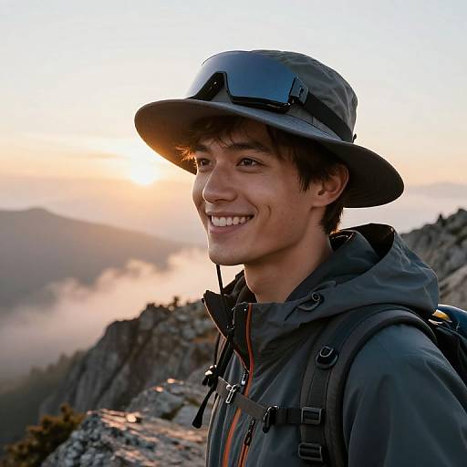 Photograph of a smiling young man with dark hair, wearing a black hat, goggles, and hiking gear, at sunrise on a mountain peak with mist