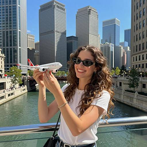 Young Woman Holding Airplane Model in Modern City