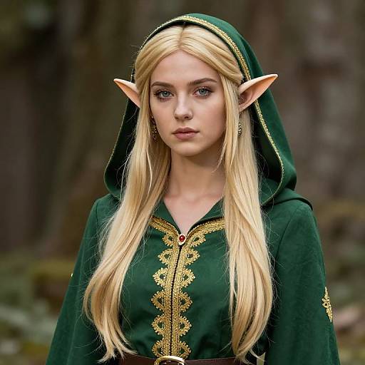 Blonde Elf in Green Embroidered Outfit