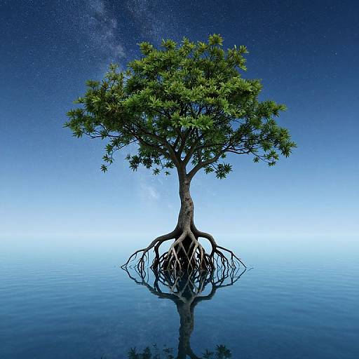 Digital artwork of a solitary tree with sprawling roots, reflected in calm water, under a starry, gradient blue sky.