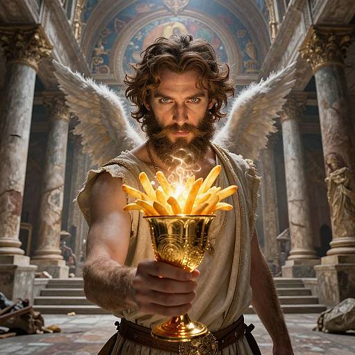 Photorealistic digital artwork of a bearded, winged man with intense eyes, holding a glowing, fiery chalice in a grand, ancient temple