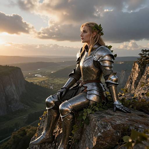 Photorealistic digital art: Blonde woman in silver armor with vine crown, sitting on rocky cliff, overlooking dramatic sunset-lit valley landscape.