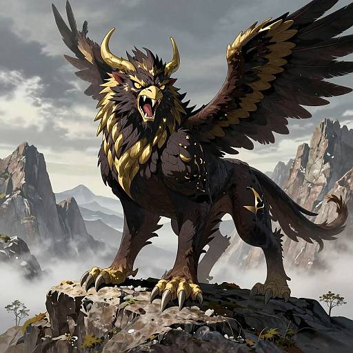 Digital fantasy artwork of a fierce, black and gold griffin with large wings and horns, roaring on a rocky mountain peak.