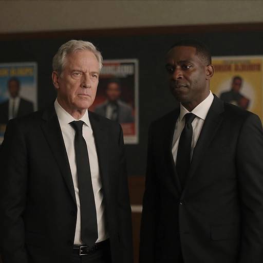 Serious Men in Black Suits Indoors