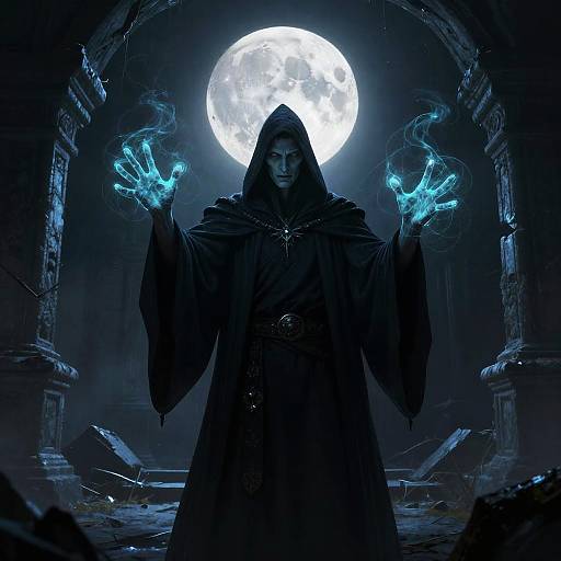 Mysterious dark-robed figure with glowing blue hands stands before a full moon in a ruined, stone-arched ruin. Digital art.